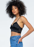 Crop top  Slim fitting  Princess Polly Exclusive 92% polyester 8% elastane  Silky material  Lace detail  Adjustable shoulder straps  Faux button front fastening  Invisible zip fastening at side 