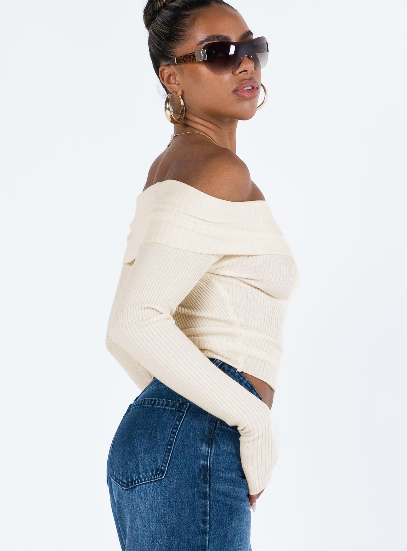 product Morley Off Shoulder Sweater Cream Princess Polly  Cropped 