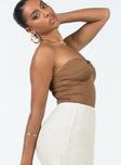 side view of model wearing Princess Polly Lenton Bodysuit Brown Sleeveless Sweetheart 