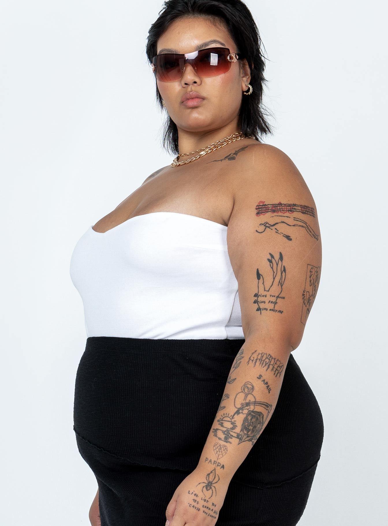 side view of model wearing Princess Polly Aston Strapless Bodysuit White Curve Sleeveless Sweetheart 