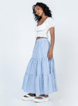   side view of model wearing Princess Polly Hale Midi Skirt Blue Maxi 