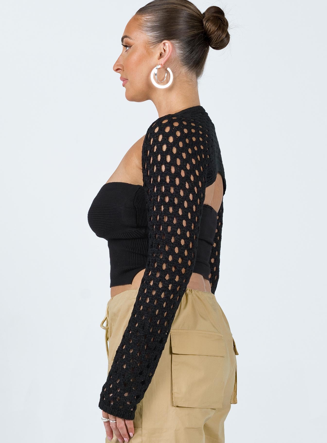 side view of model wearing Princess Polly Lotani Bolero Black Cropped 