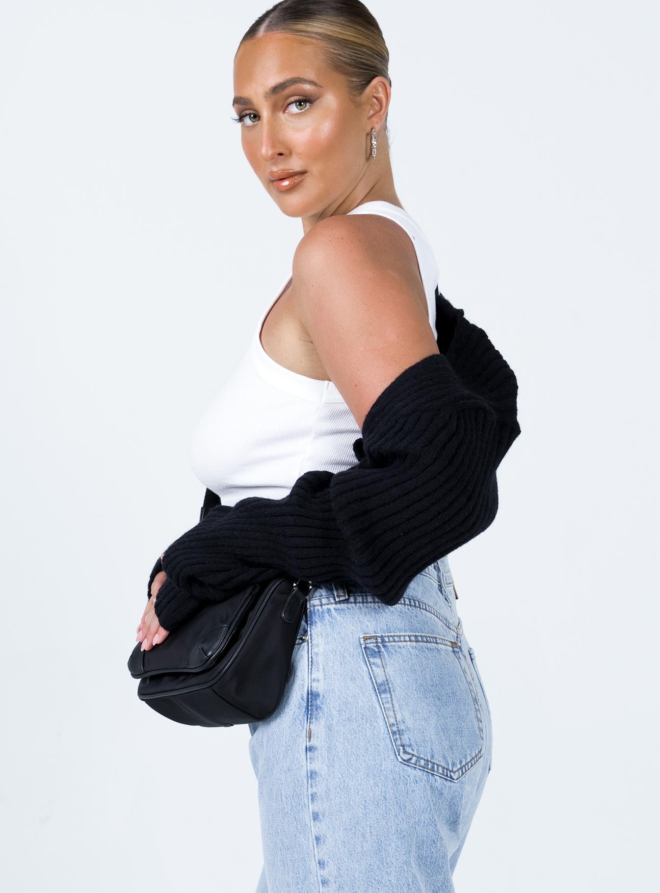 side view of model wearing Princess Polly Aytan Bolero Sweater Black Cropped 