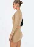 Brown knit matching set Knitted material Long sleeve top Scoop neckline  High waisted mini skirt Good Stretch Unlined 