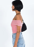 Pink top Mesh material Off the shoulder design Folded neckline Good stretch Fully lined 