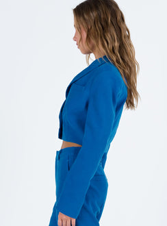 Blue blazer Ribbed material Lapel collar Single button fastening at front Chest pocket Padded shoulders