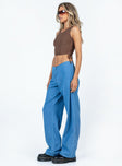 side view of model wearing Princess Polly Motel Sedna Trouser Denim Stone Wash Blue 