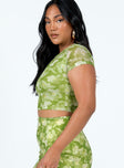 Green top Mesh material Floral print Sheer sleeves