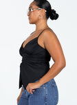 Black crop top Adjustable shoulder straps Ruched design at front Split hem Good stretch Lined bust