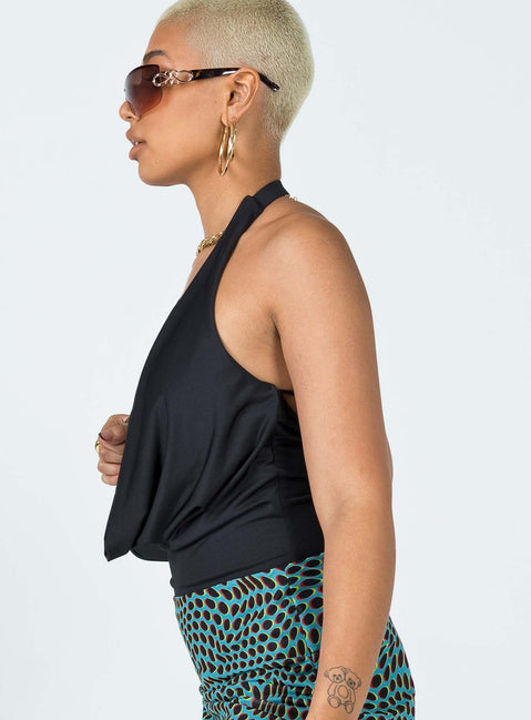 side view of model wearing Princess Polly Kayley Bodysuit Black Sleeveless Cowl 