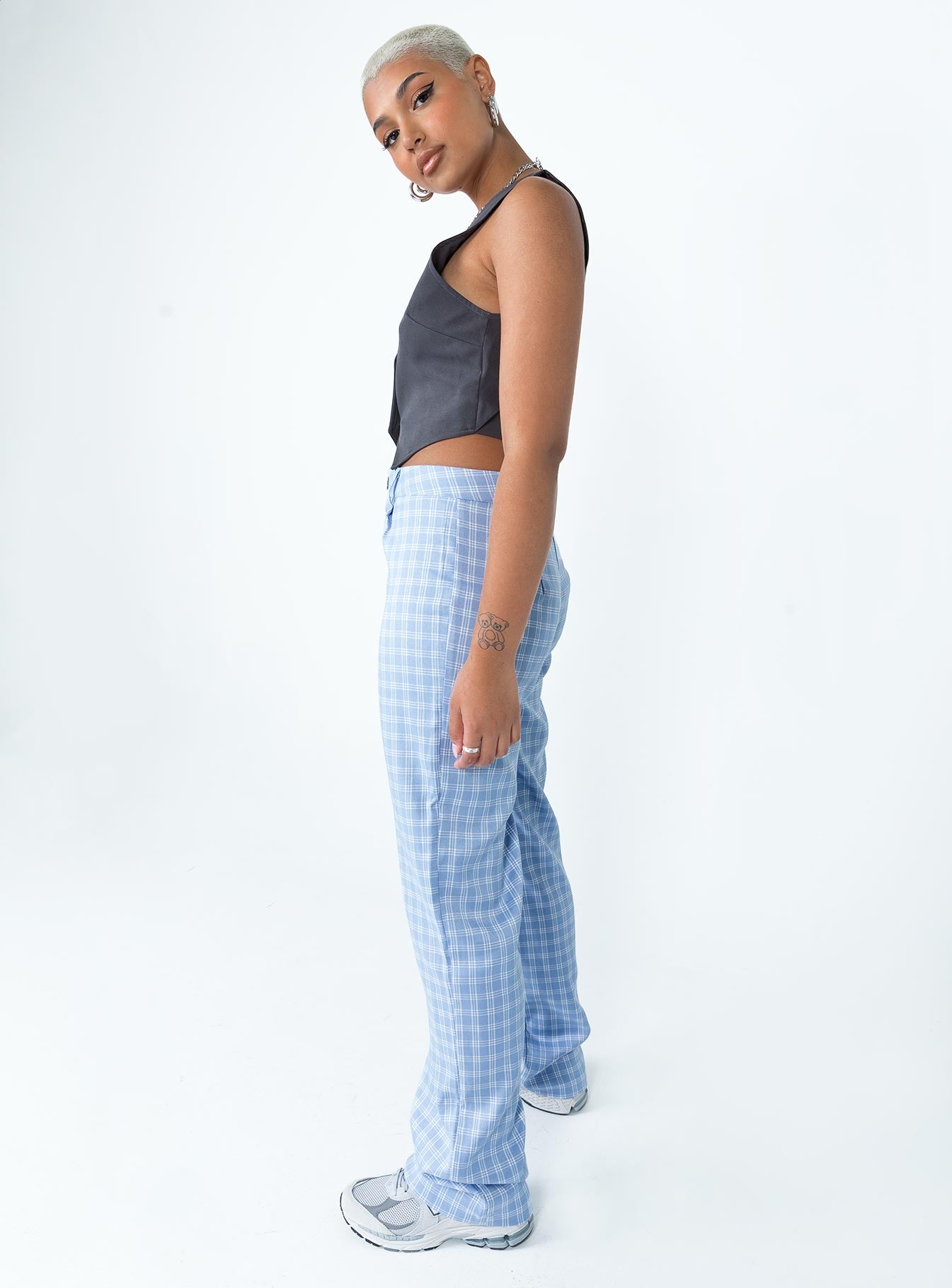 side view of model wearing Princess Polly Titius Pants Blue Check 