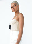 side view of model wearing Princess Polly Benjamin Bodysuit Beige Sleeveless Square Neck 