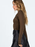 side view of model wearing Princess Polly Cetrone Long Sleeve Bodysuit Brown Full Sleeves High Neck 