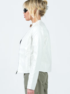 Jacket Faux leather material High neck Zip & press button fastening at front Twin hip pockets Non-stretch