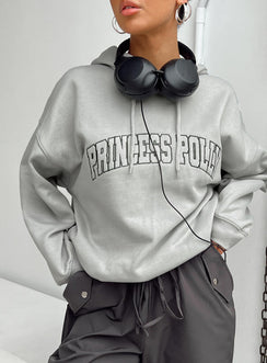 front view of model wearing Princess Polly Princess Polly Hooded Sweatshirt Collegiate Text Grey / Green 