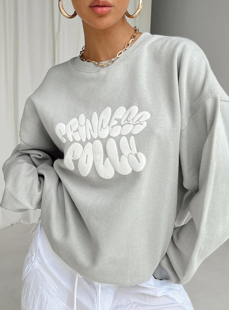 Princess Polly Crewneck Sweatshirt Bubble Text Grey / White Princess Polly  Cropped 