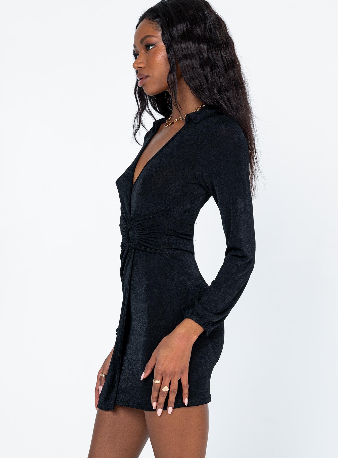 side view of model wearing Princess Polly Madeline Mini Dress Black 