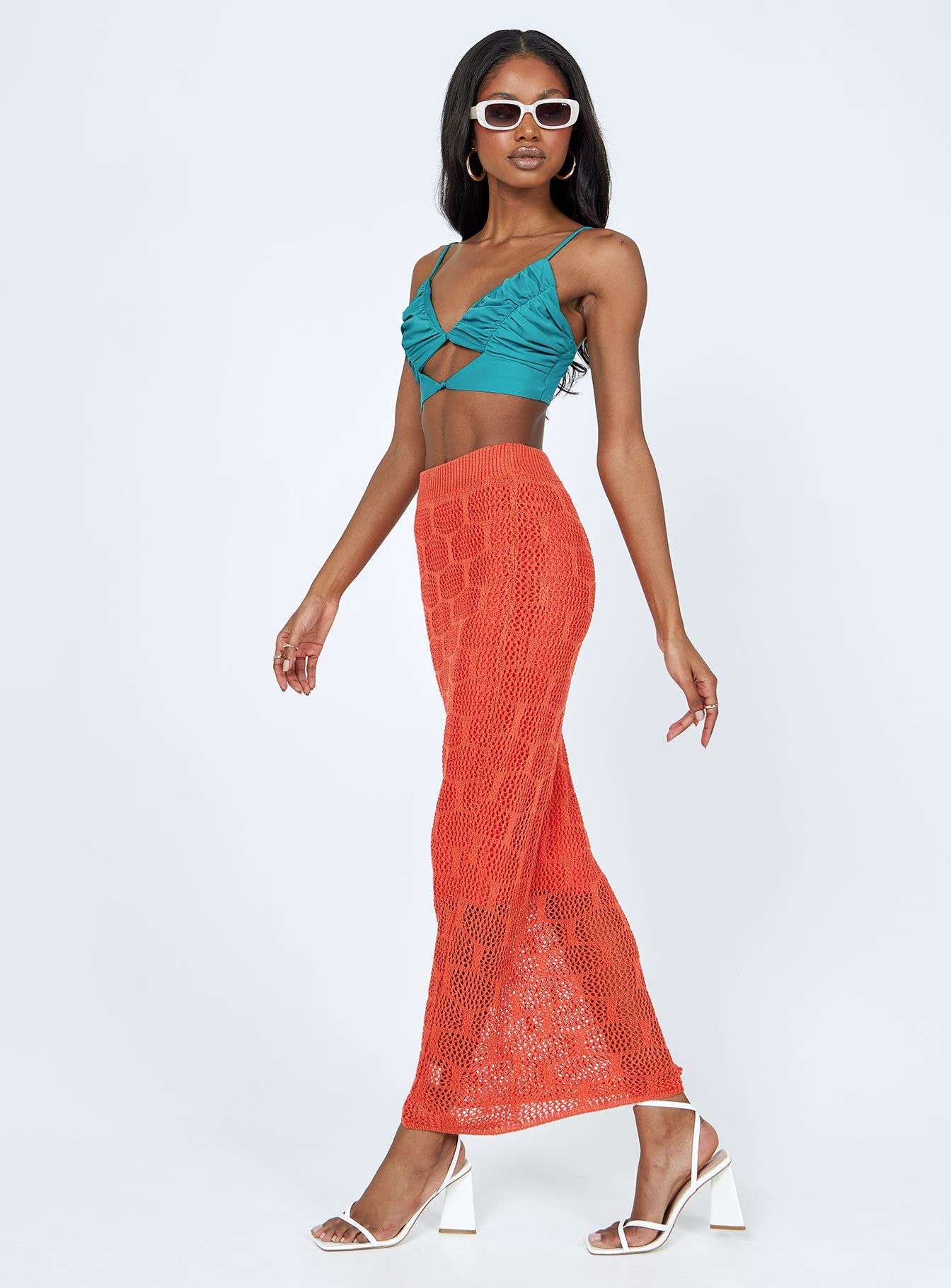   side view of model wearing Princess Polly Archie Maxi Skirt Red 