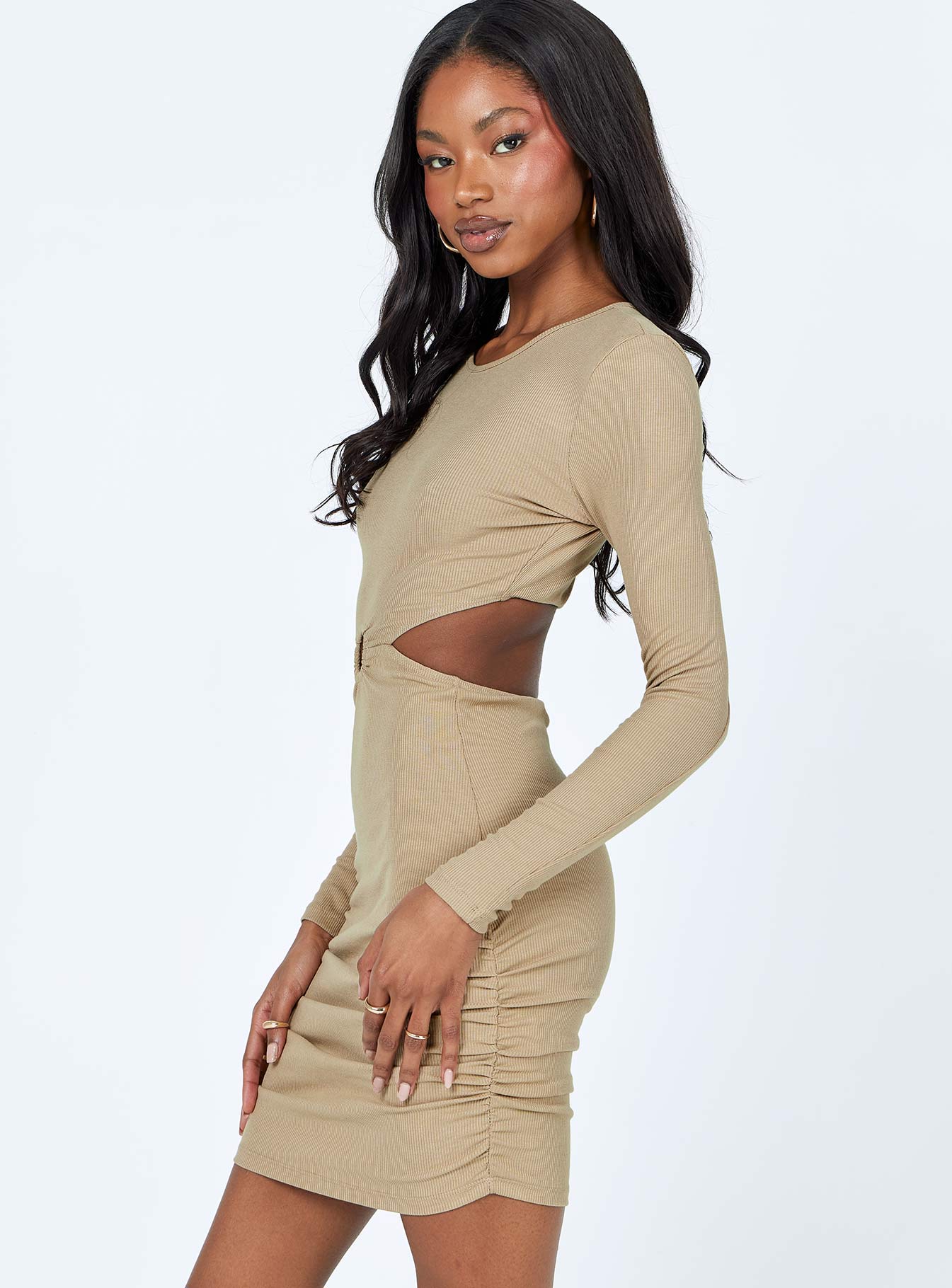 side view of model wearing Princess Polly Orani Long Sleeve Mini Dress Beige 