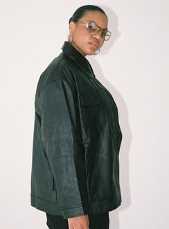 Jacket Faux leather material Zip front fastening Pointed collar Twin chest & hip pockets Single button cuff