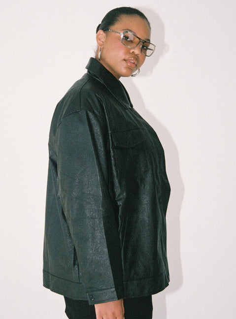 Jacket Faux leather material Zip front fastening Pointed collar Twin chest & hip pockets Single button cuff