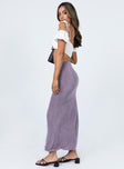   side view of model wearing Princess Polly Harriette Maxi Skirt Purple 