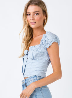 side view of model wearing Princess Polly Elouise Crop Top Blue 