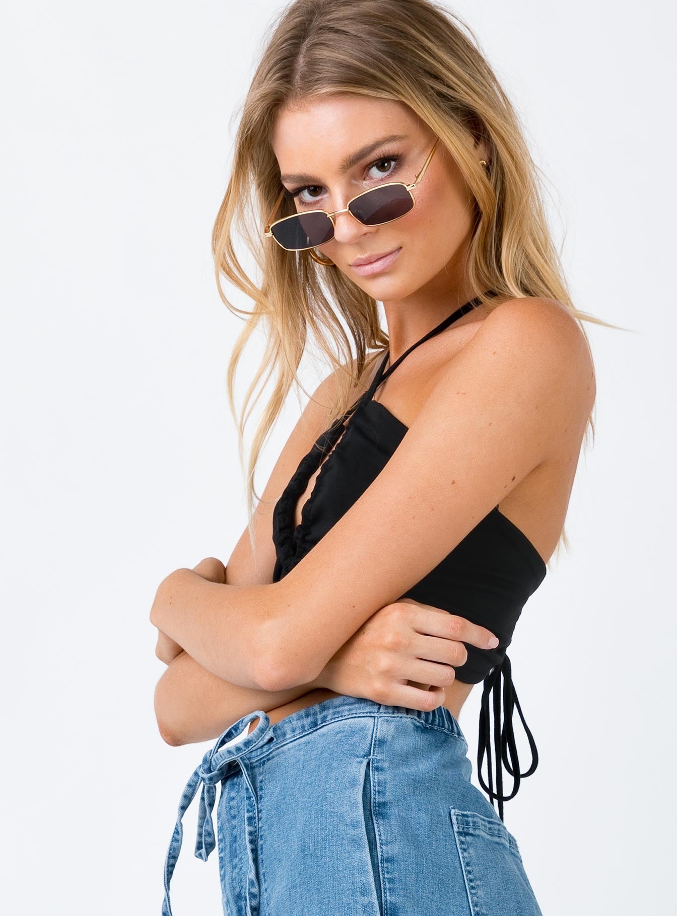 side view of model wearing Princess Polly Tali Top Black 