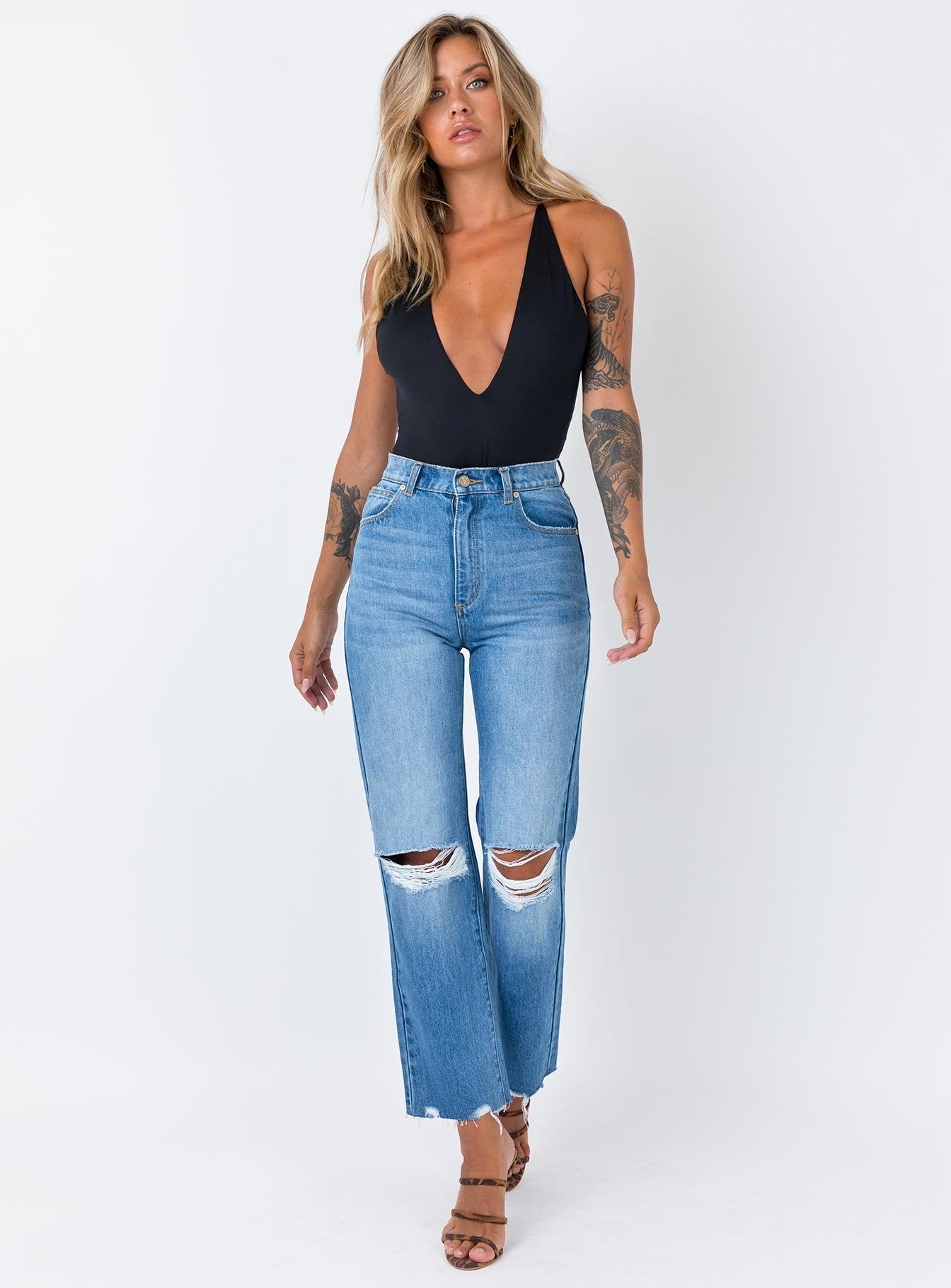 front view of model wearing Princess Polly Hertz Bodysuit Sleeveless Plunger 