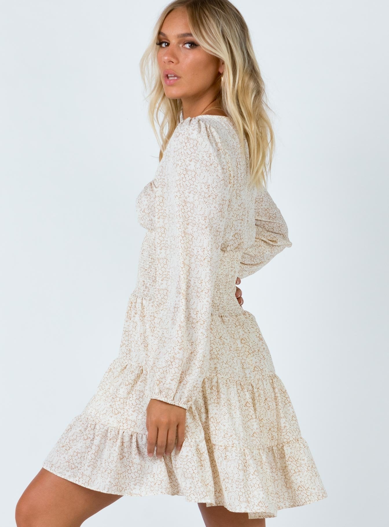 side view of model wearing Princess Polly Devante Mini Dress 