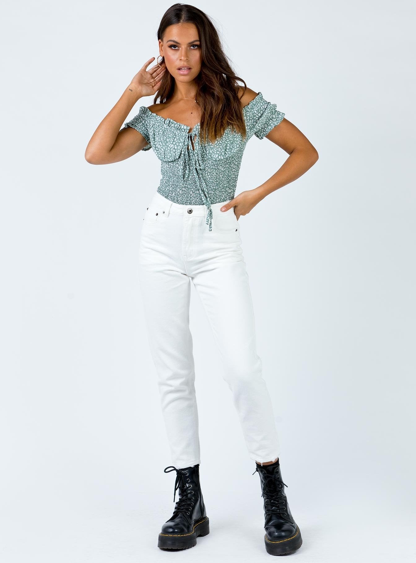 front view of model wearing Princess Polly Asha Bodysuit Short Sleeves V-Neck 