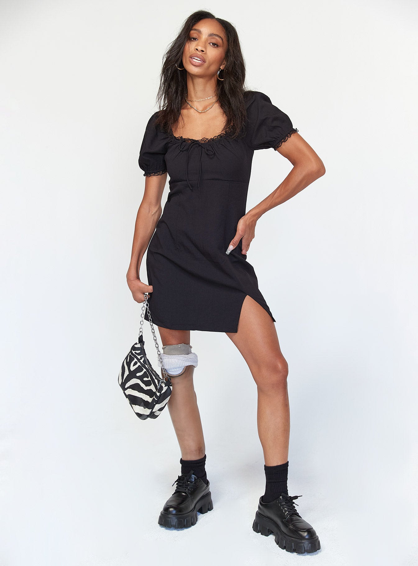 front view of model wearing Princess Polly Love Lies Mini Dress Black 