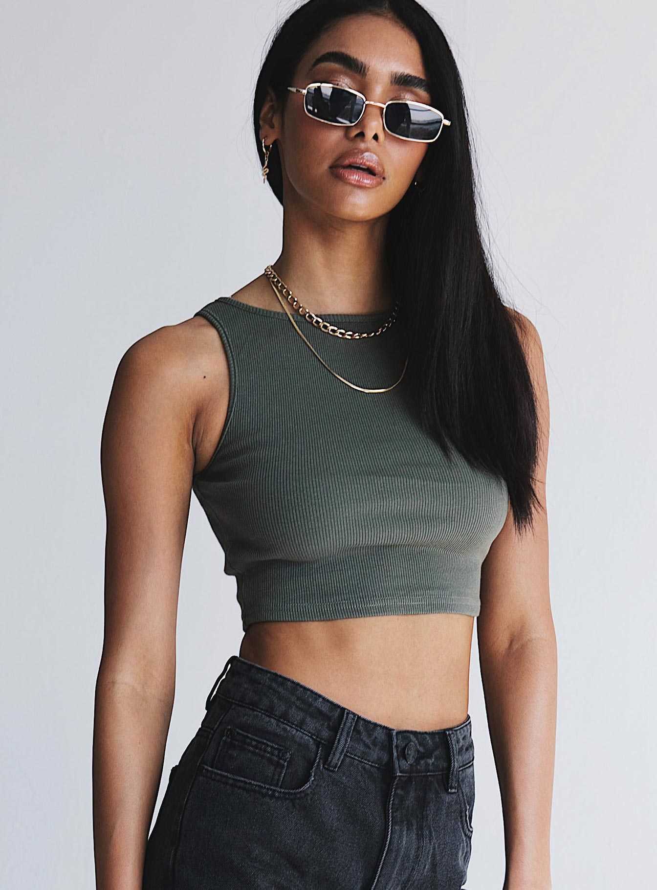 product Princess Polly Sleeveless High Neck  Darlington Crop Top Khaki Tall