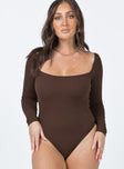 front view of model wearing Princess Polly Charlotte Bodysuit Brown Full Sleeves Square Neck 