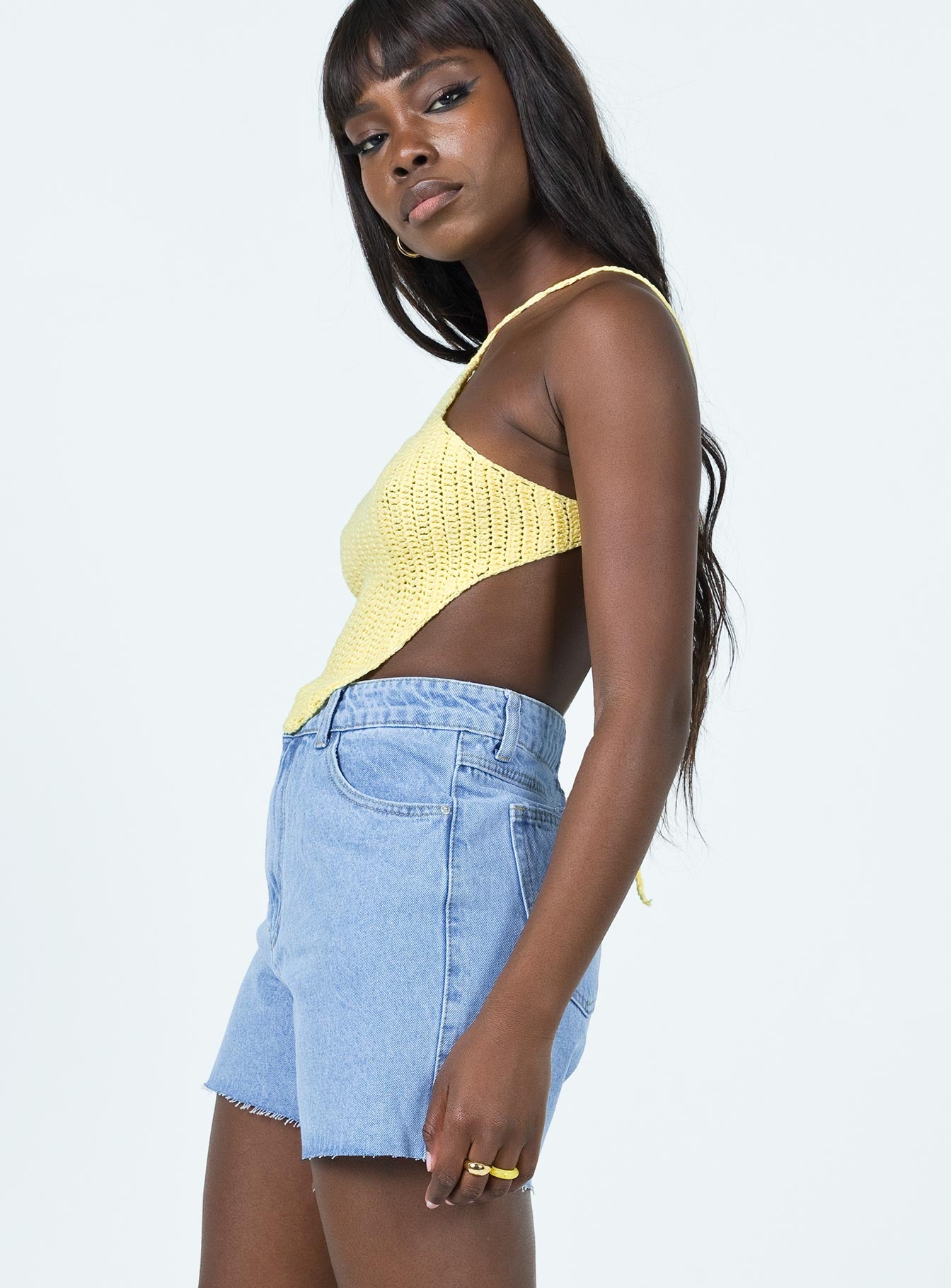 side view of model wearing Princess Polly Avoca Top Yellow 