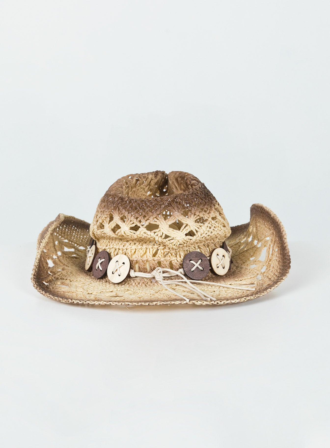Cow boy hat Woven straw Curved wide brim  Internal adjustable drawstring Mouldable brim shape Bead detail