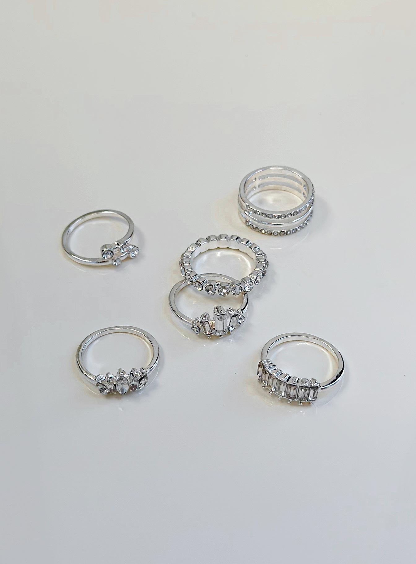 Ring pack Set of six Silver toned Each style differs Diamante detail Lightweight