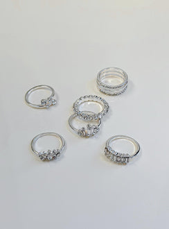 Ring pack Set of six Silver toned Each style differs Diamante detail Lightweight
