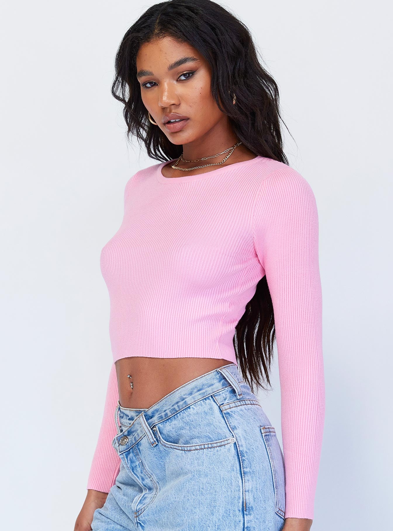 side view of model wearing Princess Polly Jax Long Sleeve Top Pink 