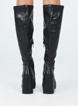 Knee high boots  Princess Polly Exclusive Faux leather material  Zip fastening at side  Rounded toe  Block heel  Platform base 