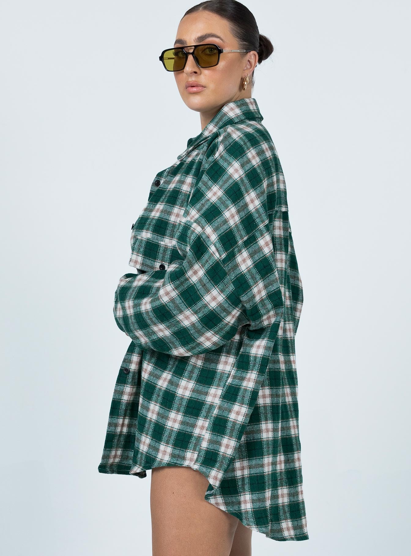 side view of model wearing Princess Polly Ken Checkered Shirt Green 