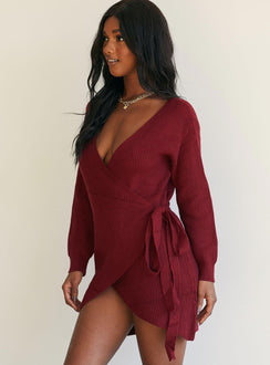 side view of model wearing Princess Polly Phenix Mini Dress Burgundy 