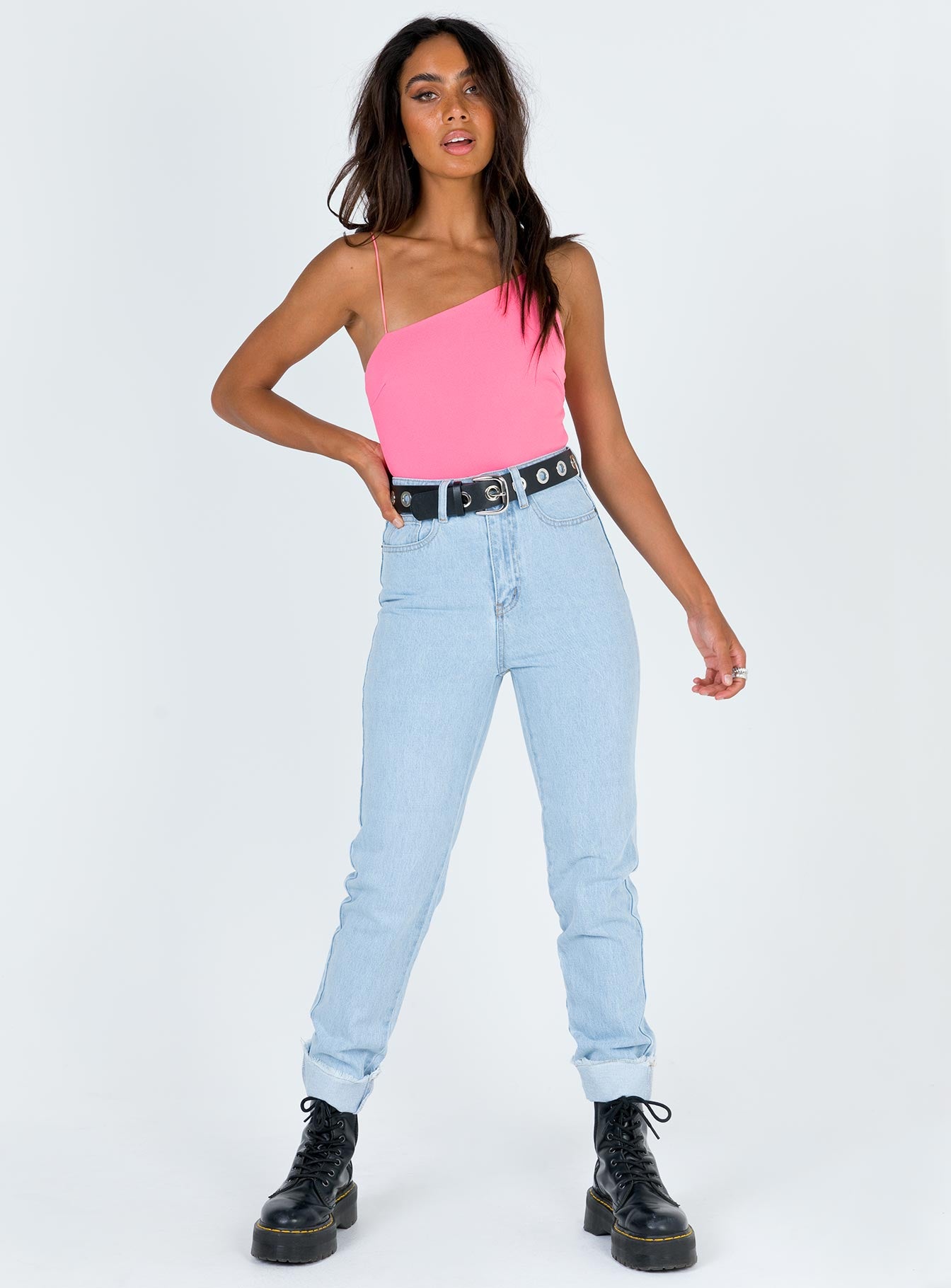 front view of model wearing Princess Polly Evella Bodysuit Sleeveless Asymmetric Neckline 