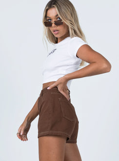 side view of model wearing Princess Polly Darby A Line Short Brown High Waisted Shorts 