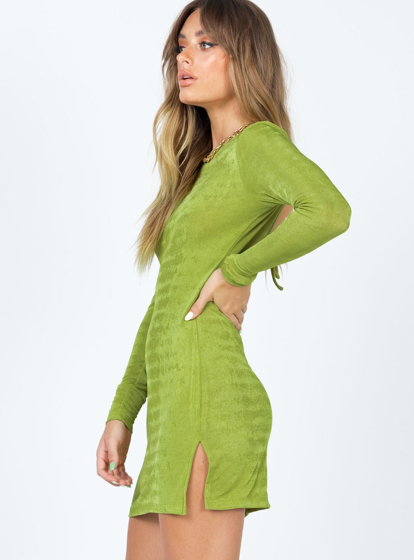 side view of model wearing Princess Polly Montana Mini Dress Green 