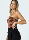 side view of model wearing Princess Polly Amora Bodysuit Brown Sleeveless Sweetheart 