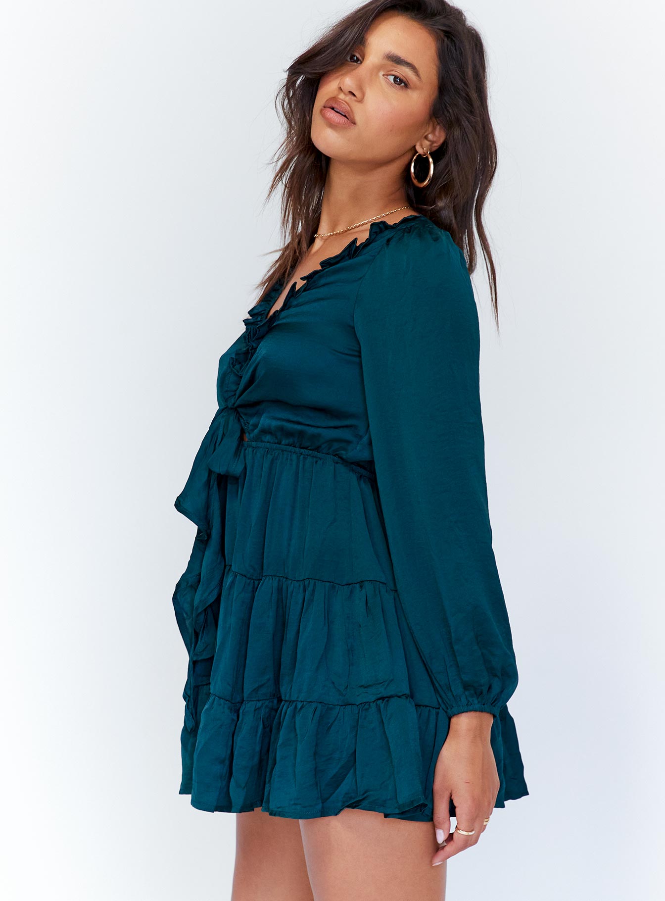 side view of model wearing Princess Polly Randi Mini Dress Teal 