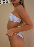Bikini set Check print Bandeau style top Adjustable tie at bust Can be tied differently Removable padding