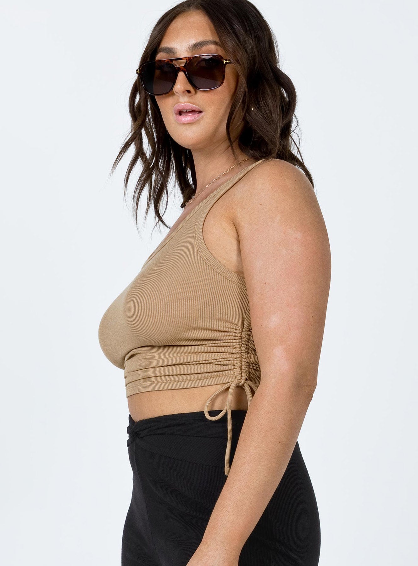 side view of model wearing Princess Polly Madelyn Top Brown 