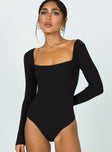 front view of model wearing Princess Polly Charlotte Bodysuit Black Tall Full Sleeves Square Neck 